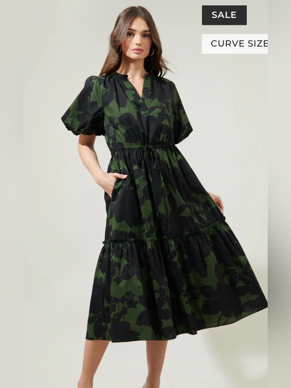 Sugarlips Ginny bubble sleeve midi cotton Dress. Night moss floral print. Sz S.